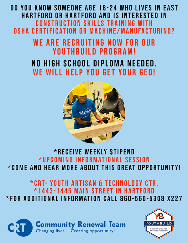CRT's YouthBuild is recruiting young adults for jobs in construction and other fields